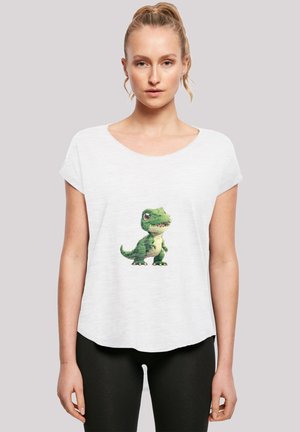 Weißes T-Shirt mit kurzen Ärmeln und einem Cartoon-Motiv eines grünen Dinosauriers. Lockere Passform, runder Halsausschnitt und weicher Stoff.