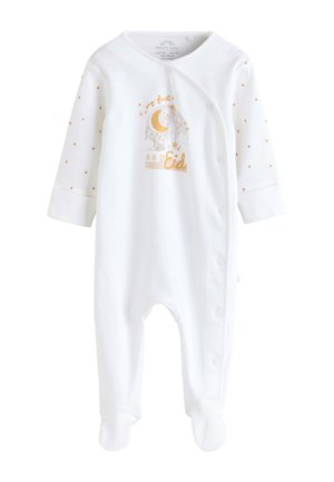 Biele detské body so zlatým polmesiacom a hviezdami, textom "môj prvý Eid" a patentkami vpredu a na ľavej nohe.