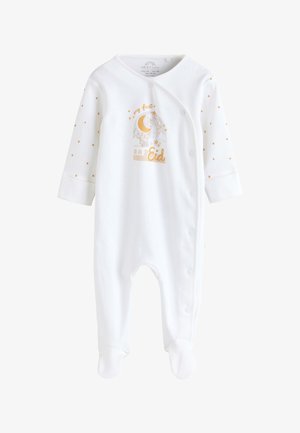 Fehér baba body arany hold- és csillagmotívummal, a felirat: „az első Eid-em”, valamint patentos gombokkal az elején és a bal lábszárnál.