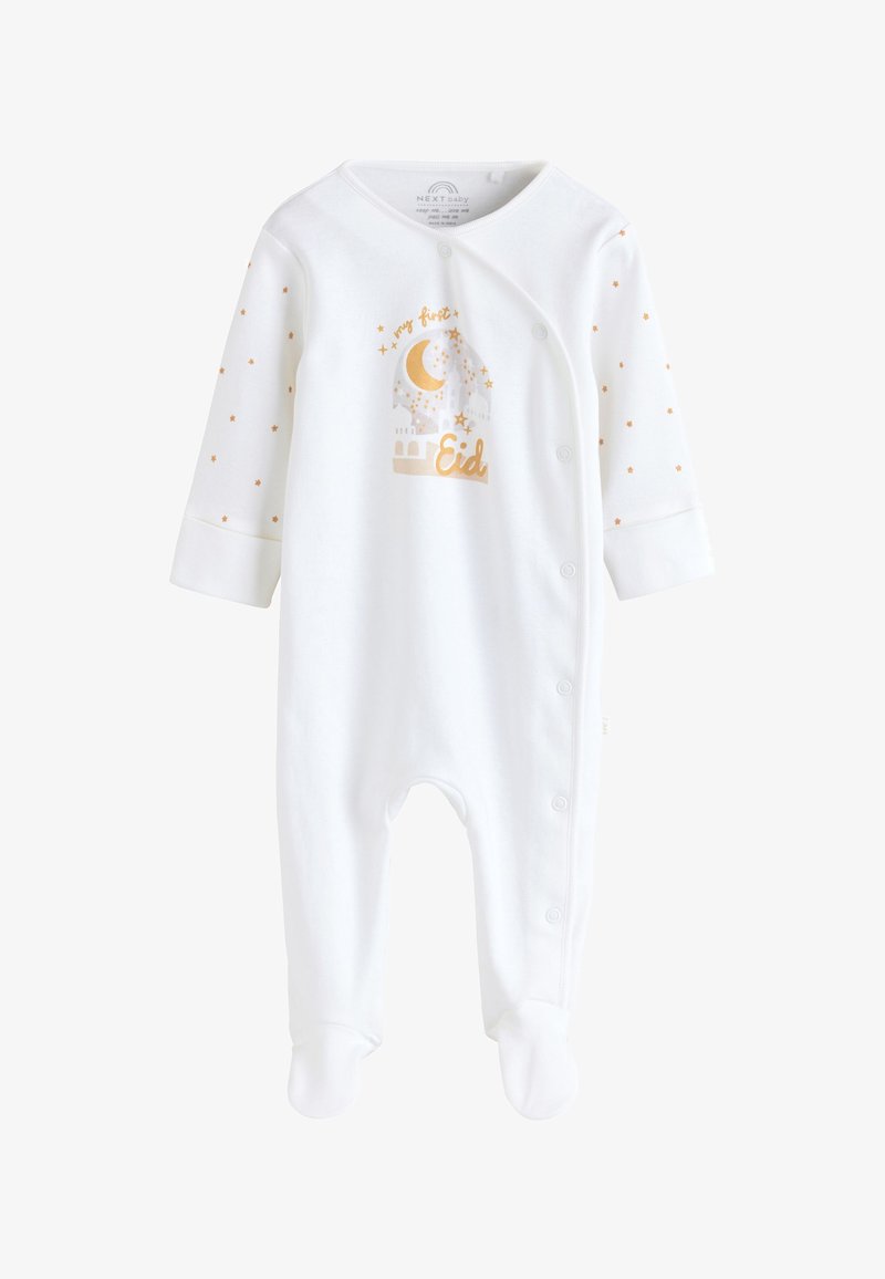 Body blanc pour bébé avec croissant de lune et étoiles dorées, texte « mon premier Eid », et boutons-pression devant et sur la jambe gauche.