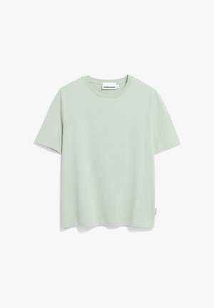 T-shirt vert clair à manches courtes avec col rond, petit label de marque sur la couture latérale inférieure, présenté sur fond blanc.