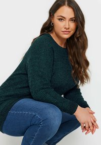 Donkergroen gebreid sweater met een gestructureerde afwerking, ronde halslijn en geribde boorden. Gemaakt in combinatie met blauwe spijkerbroek, het model zit in een hurkende houding.