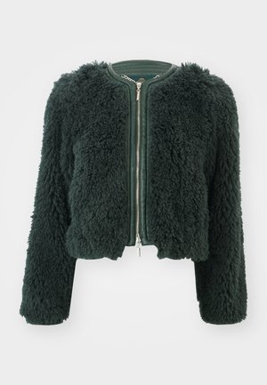Grüne, flauschige Jacke aus Kunstfell mit einem kurzen Design, langen Ärmeln und einem Reißverschluss auf der Vorderseite. Die strukturierte Oberfläche verleiht Tiefe und Wärme.