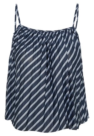 Haut sans manches bleu marine avec rayures diagonales blanches et fines bretelles, tissu ample et plissé.