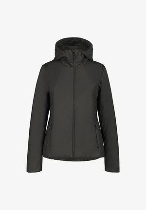 Giacca nera con cappuccio, zip frontale e tasche laterali con zip, maniche lunghe e una silhouette leggermente aderente.