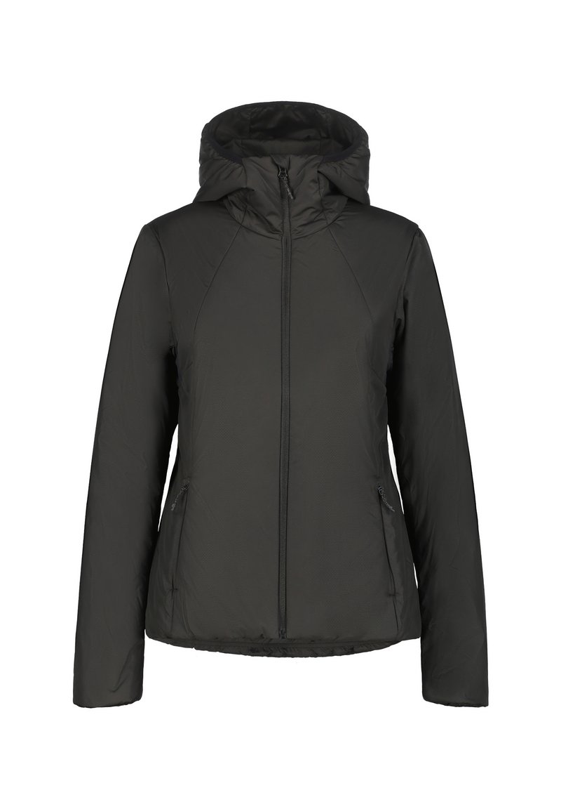 Giacca nera con cappuccio, zip frontale e tasche laterali con zip, maniche lunghe e una silhouette leggermente aderente.