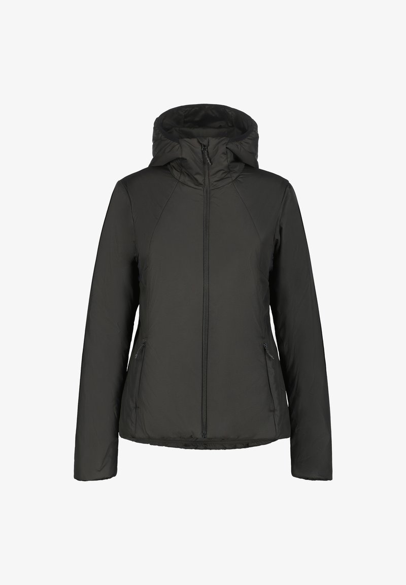 Giacca nera con cappuccio, zip frontale e tasche laterali con zip, maniche lunghe e una silhouette leggermente aderente.