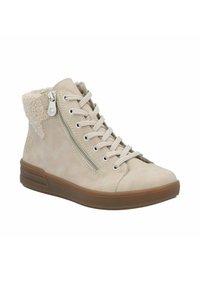 Baskets montantes en daim beige avec un col en fausse fourrure texturée, dotées d'une fermeture éclair sur le côté et d'une semelle en caoutchouc plate. Les lacets passent à travers des œillets en métal.