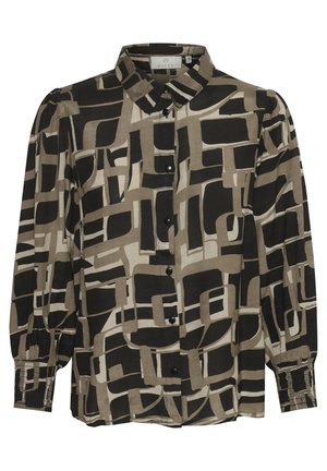 Chemisier boutonné noir et beige avec un motif géométrique abstrait. Doté d'un col, de manches longues et de poignets froncés.