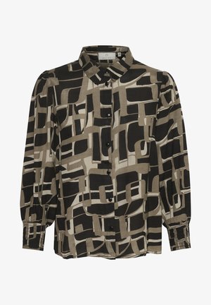 Juoda ir smėlio spalvos mygtukinė blusa su abstrakčia geometrine rašte. Turėtų apykaklę, ilgas rankoves ir susiraukšlėtas rankogalius.