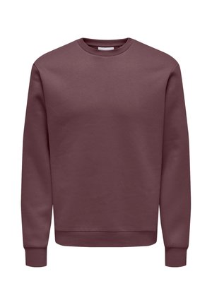 Enkel langærmet crewneck-sweatshirt i ensfarvet mørk mauve med ribbet kant ved ærmer og nederdel, vist mod en hvid baggrund.