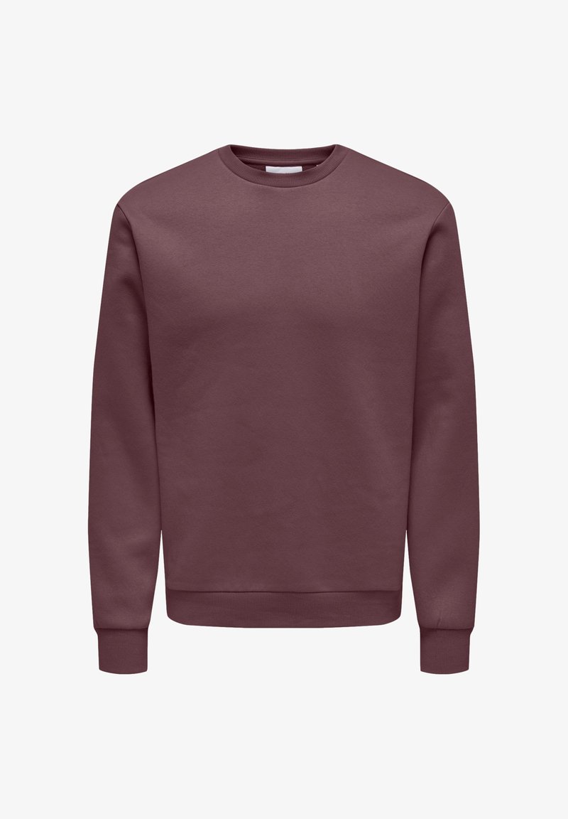 Sweat-shirt uni à manches longues et col rond, de couleur mauve foncé, avec poignets et ourlet côtelés, présenté sur un fond blanc.