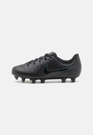 Black soccer cleat featuring a textured leather upper, traditional lacing system, and a prominent swoosh logo. Molded studs on the outsole.