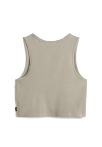 Sleeveless crop top in light gray, made of soft cotton. Features a round neck and smooth texture with minimal stitching detail.