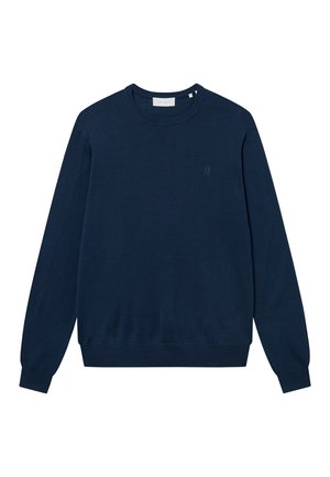 Marineblaues Sweatshirt mit langen Ärmeln aus weichem Stoff, Rundhalsausschnitt, gerippten Bündchen und kleinem Logo auf der Brust.