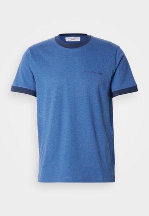 Blue cotton short-sleeve t-shirt with a navy ribbed crew neck and sleeve hems. Features a subtle logo print on the chest. Lightweight texture.