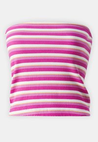 Top bez naramenica s horizontalnim prugama u fuksija, bijeloj i žutoj boji. Ima rebrastu teksturu i elastičnu waistband.