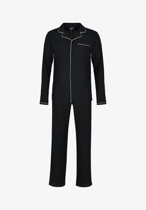 Zwart pyjama set van geweven stof, met een knoopsluiting bovenstuk met een zak en witte bies, gecombineerd met bijpassende rechte broek.