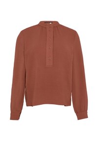 Rdzawoczerwony longsleeve blouse z okrągłym dekoltem, zapięciem z przodu i zapięciem na guziki. Charakteryzuje się teksturowaną tkaniną i marszczonymi mankietami.