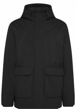 Black padded jacket with a hood, featuring a zip closure, two front flap pockets, and stitched detailing on the shoulders and sides.