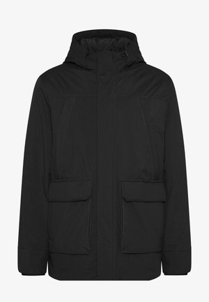Black padded jacket with a hood, featuring a zip closure, two front flap pockets, and stitched detailing on the shoulders and sides.
