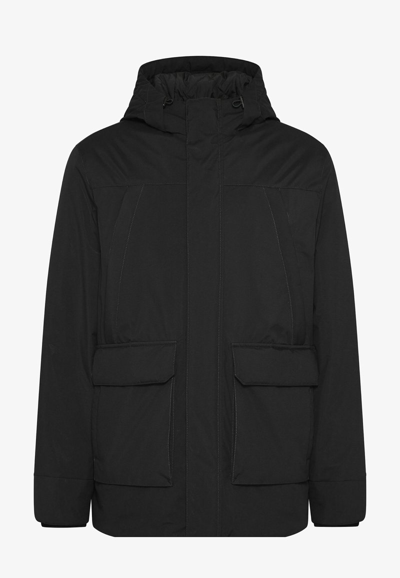 Black padded jacket with a hood, featuring a zip closure, two front flap pockets, and stitched detailing on the shoulders and sides.