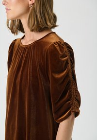 Bruine fluwelen jurk met een ronde halslijn, geplooide lijfje en pofmouwen met geplooide details langs de arm. Soepele textuur.