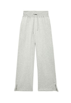Pantalones de chándal de pierna ancha en gris claro, con cintura elástica, cordón y pequeñas aberturas laterales en los dobladillos de los tobillos.