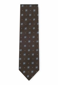 Cravatta marrone con un motivo geometrico ripetuto di rettangoli azzurri e piccoli punti bianchi, realizzata in un tessuto con superficie texture.