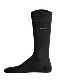 Calzino nero realizzato in un tessuto liscio, dotato di un polsino a coste e di un sottile logo "BOSS" ricamato in grigio chiaro sopra la caviglia.