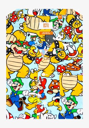Polo s kratkimi rokavi z svetlo modro podlago in živahnimi risanimi liki, kot sta Mario in Bowser; sproščen kroj.