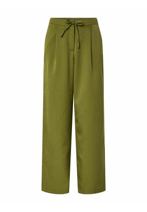 Pantaloni a gamba larga verde oliva con righe verticali, vita con fiocco e pieghe frontali; texture liscia e orli affusolati alle caviglie.