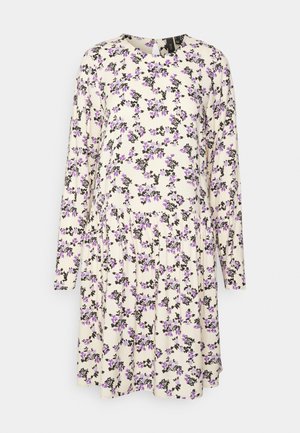 Vestido floral em creme com padrão floral em púrpura e preto, mangas longas, decote redondo e saia com pregas. Feito de um tecido leve e suave.