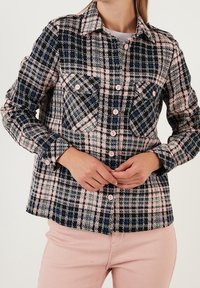 Camicia a quadri in nero, rosa e blu con due tasche sul petto, bottoni rosa e colletto. Tessuto morbido, peso medio.