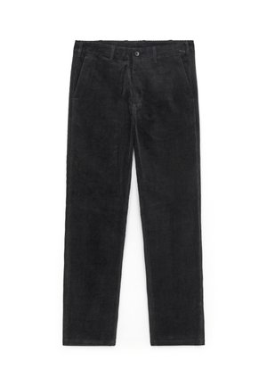 Black corduroy pants with a straight leg design, featuring front pockets and a button closure. Soft texture with vertical ribbing pattern.
