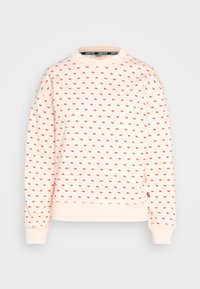 Světle růžová mikina s kulatým výstřihem, která má opakující se červený obdélníkový vzor. Hladké manžety a lem, měkká bavlněná tkanina.