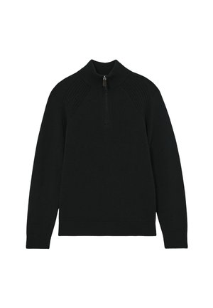 Čierny sveter so zipsovým golierom, s rebrovanými detailmi na pleciach, dlhými rukávmi a jemnou textúrou. Štandardný strih s jednotnou farbou.