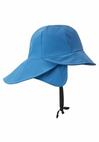 Blå vattenavvisande bucket hat med breda brätten, justerbar hakrem och en slät, glänsande yta. Innehåller stickade detaljer.