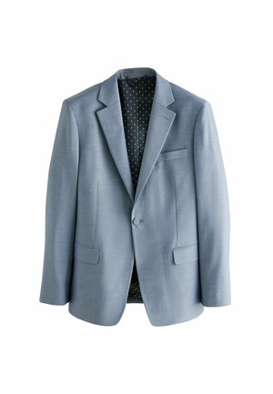 Ljusblå blazer med en enkel knappknäppning, två framfickor, slag med notch och ett prickmönster på det inre fodret.