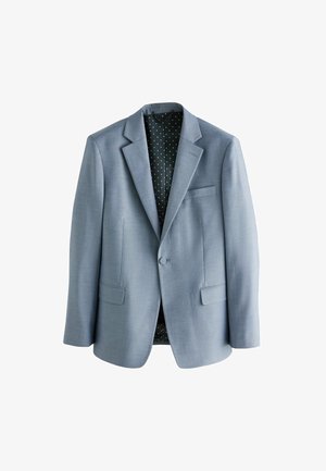 Vaaleansininen bleiseri, jossa on yksi nappilukko, kaksi etutaskua, lovetut kaulukset ja pilkullinen vuori.