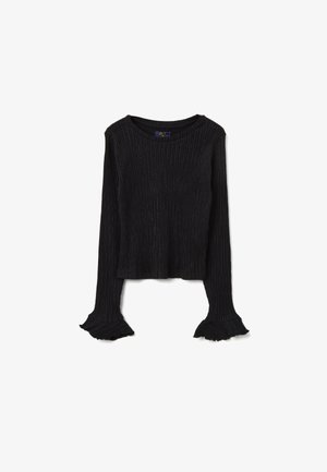 Top negro de manga larga con textura acanalada, escote amplio y puños con volantes. Hecho de material suave con un brillo sutil.