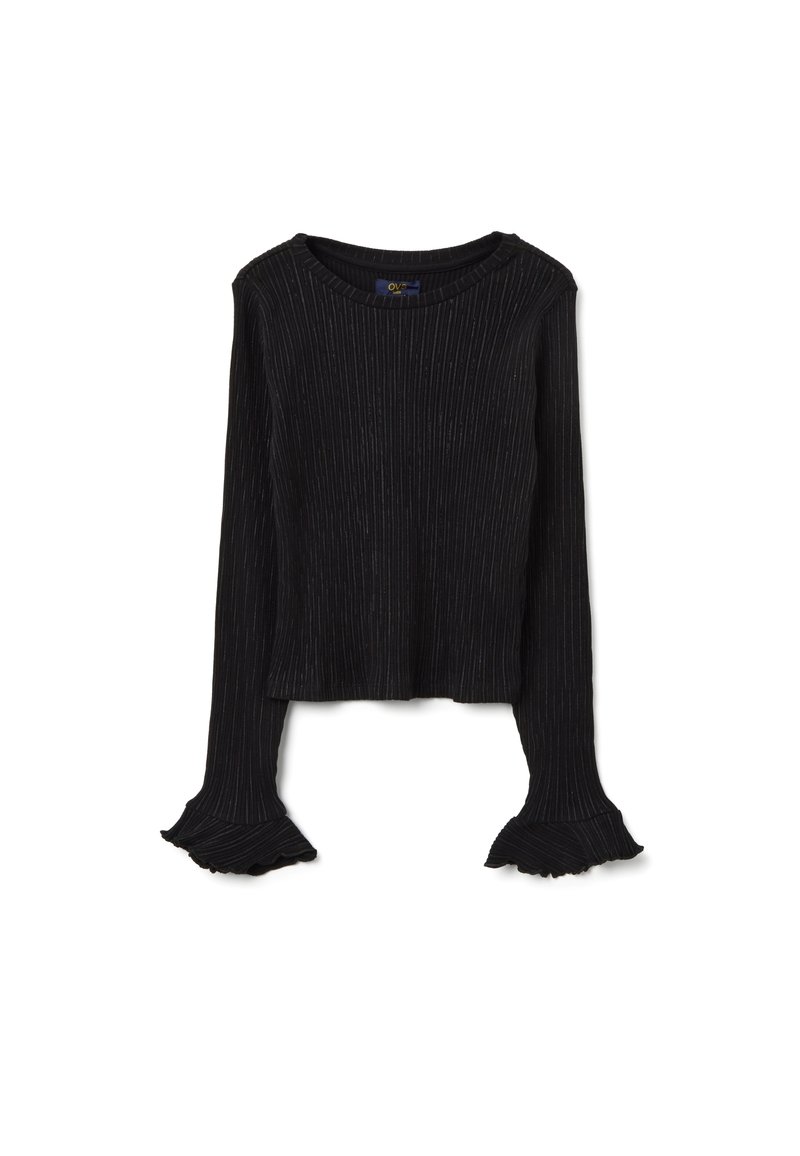 Haut noir à manches longues avec une texture côtelée, un large décolleté et des poignets à volants. Confectionné dans un matériau doux avec un léger éclat.