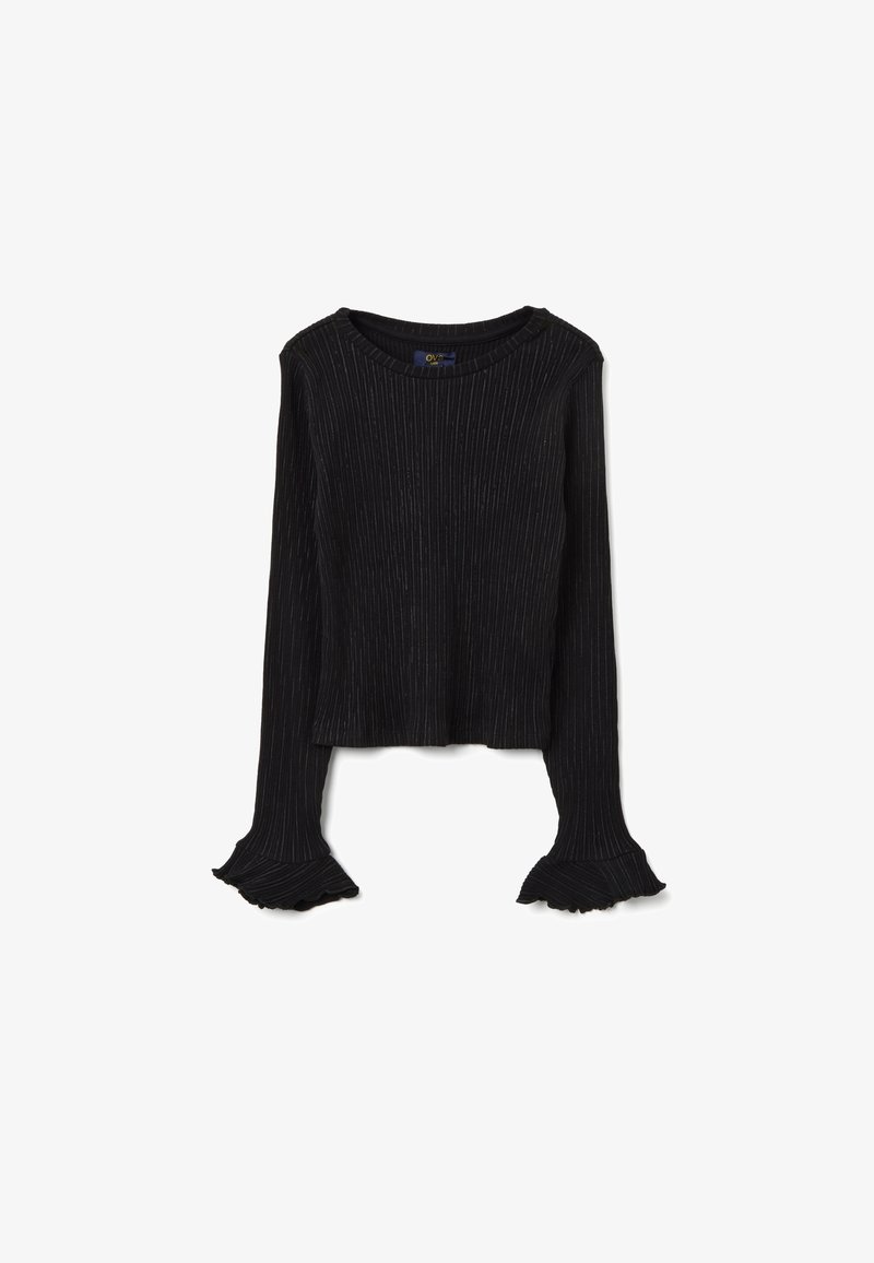 Haut noir à manches longues avec une texture côtelée, un large décolleté et des poignets à volants. Confectionné dans un matériau doux avec un léger éclat.