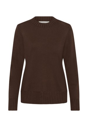 Brun strikket sweater med rund halsudskæring, lange ærmer og ribstrikkede manchetter og kant. Glat tekstur, minimal detaljering. Regular fit.