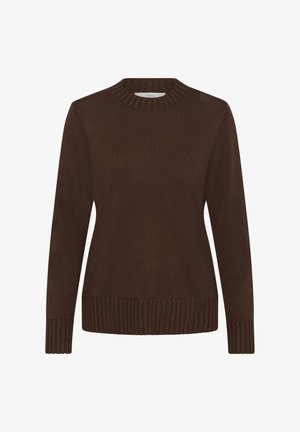 Brauner gestrickter Pullover mit rundem Halsausschnitt, langen Ärmeln und gerippten Bündchen und Saum. Glatte Textur, minimale Details. Normale Passform.