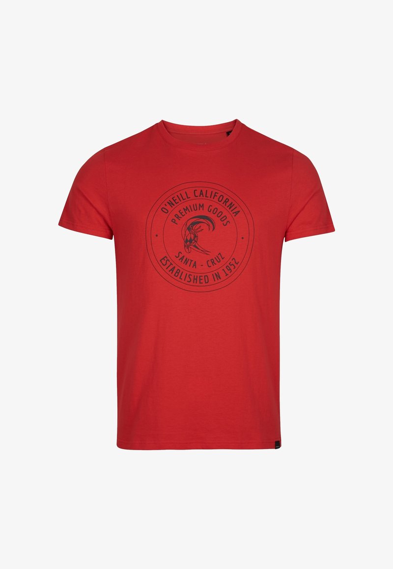 T-shirt rouge à manches courtes avec logo circulaire noir portant l'inscription "O'Neill California Premium Goods Santa Cruz Established in 1952."