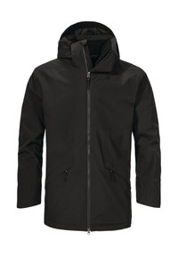 Schwarze wasserdichte Jacke mit einem Reißverschluss vorne, einer Zugkordelkapuze und zwei Reißverschlusstaschen auf der Vorderseite aus einem leicht strukturierten Stoff.