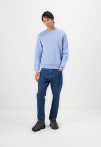 Lyseblå sweatshirt med rund halsudskæring og ribbede manchetter, parret med blå jeans og mørke sneakers. Har et lille logo på brystet.