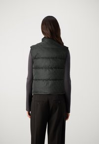 Gilet imbottito verde scuro con colletto alto, caratterizzato da sezioni trapuntate e un motivo sottile. Indossato sopra una maglia a maniche lunghe, vista posteriore.