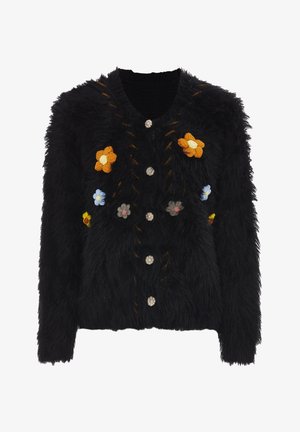 Schwarze Kunstpelz-Cardigan mit buntem floralem Stickerei. Verfügt über runde, künstliche Edelstein-Knöpfe und eine weiche, strukturierte Oberfläche.